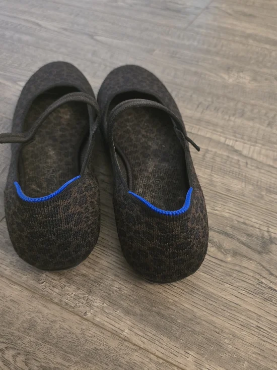 Rothy's Leopard Knit Mary Jane Flats in Brown & Black with Blue Trim - Picture 2 of 5